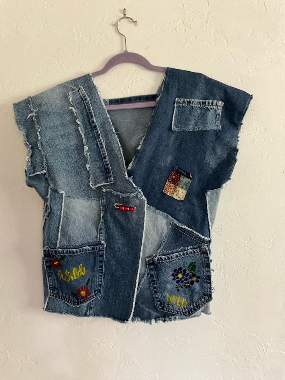 Handmade Denim Vest Upcycled Patchwork Wearable Art OS - Picture 3 of 7